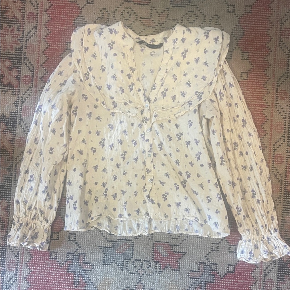 Zara Cream Blouse with Blue Floral Print and Ruffle Collar